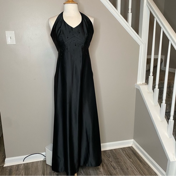 Y2K Anne Stanley Black Beaded Halter Evening Gown 10 Formal Long Maxi Dress Prom - Picture 2 of 9